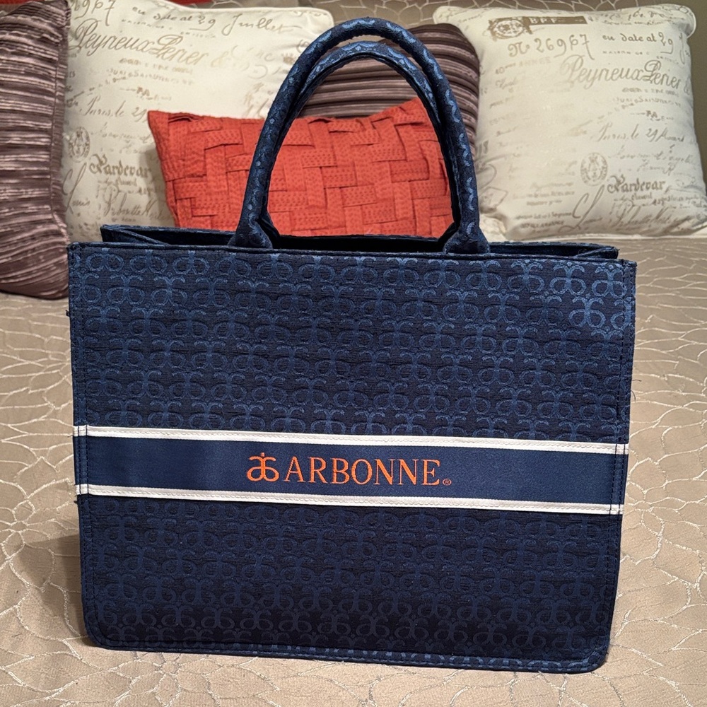 Arbonne Dark Blue Book Tote with Orange Logo